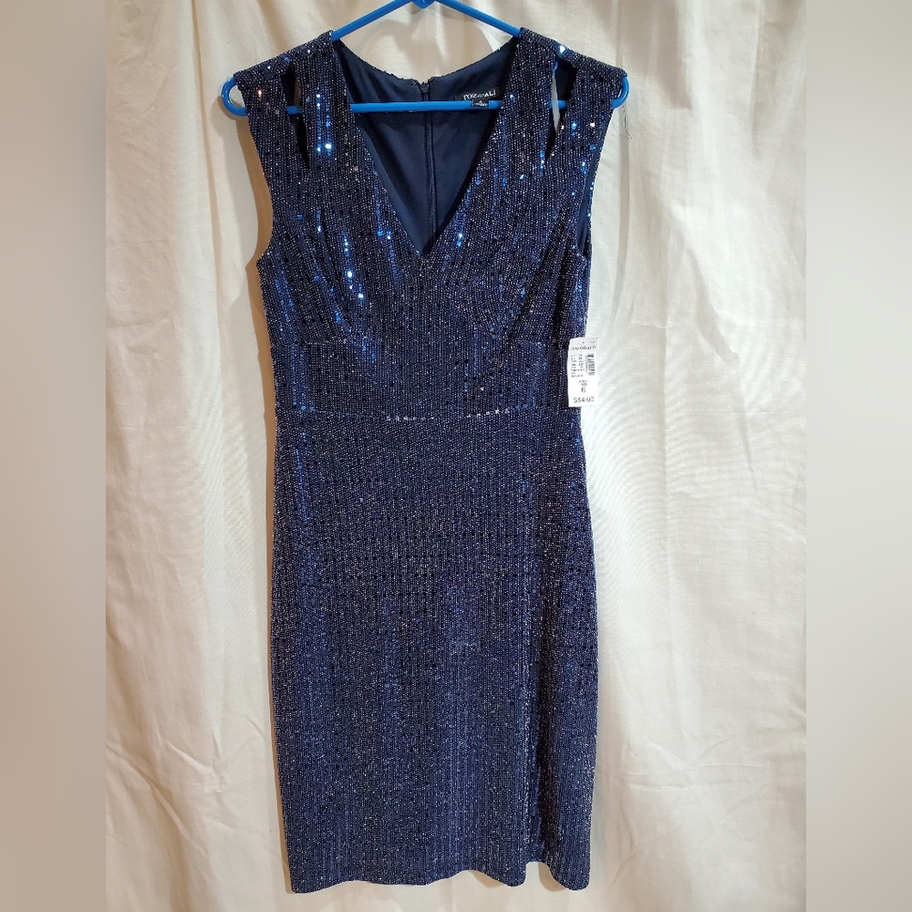NWT Roz & Ali Blue Sequin Slit Sleeve V-Neck Lined Dress Size 6